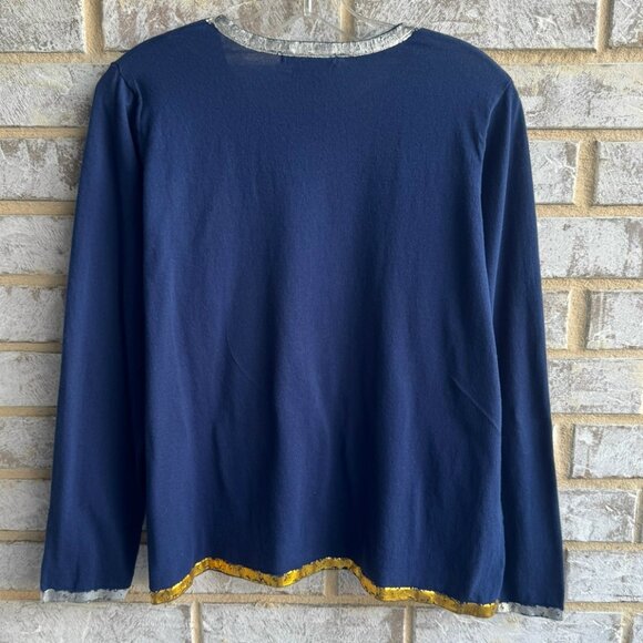 Peace of Cloth Long Sleeve Crew Neck Gold/Silver Tone Trim Blue Blouse Size L - Picture 2 of 8